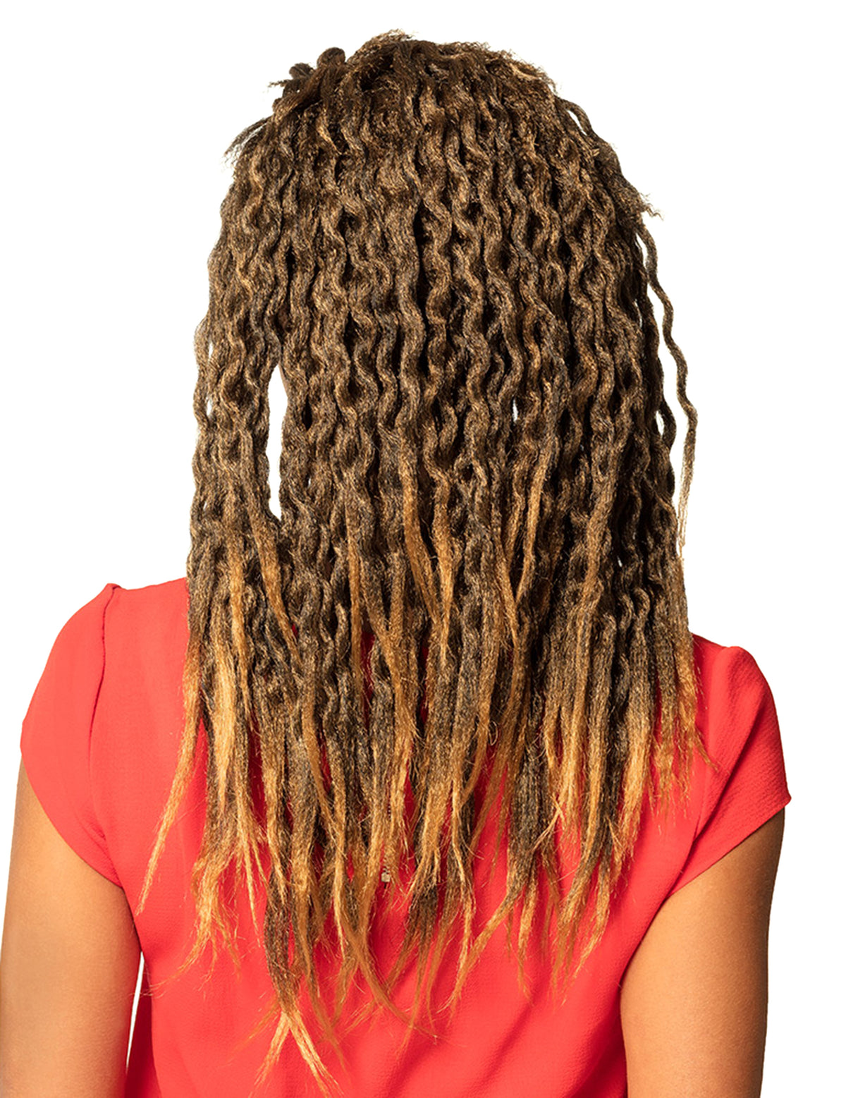 Vue de dos de la perruque rasta pour femme châtain