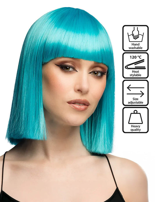 Peruca de corte chanel azul turquesa luxo para mulher