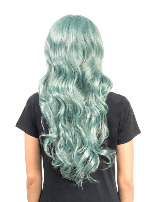 Peruca termorresistente longa ondulada verde luxe para mulher