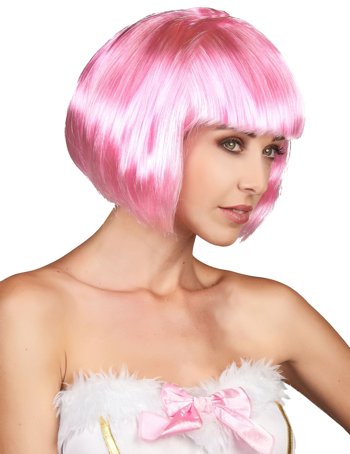 Perruque courte à frange pour femme rose
