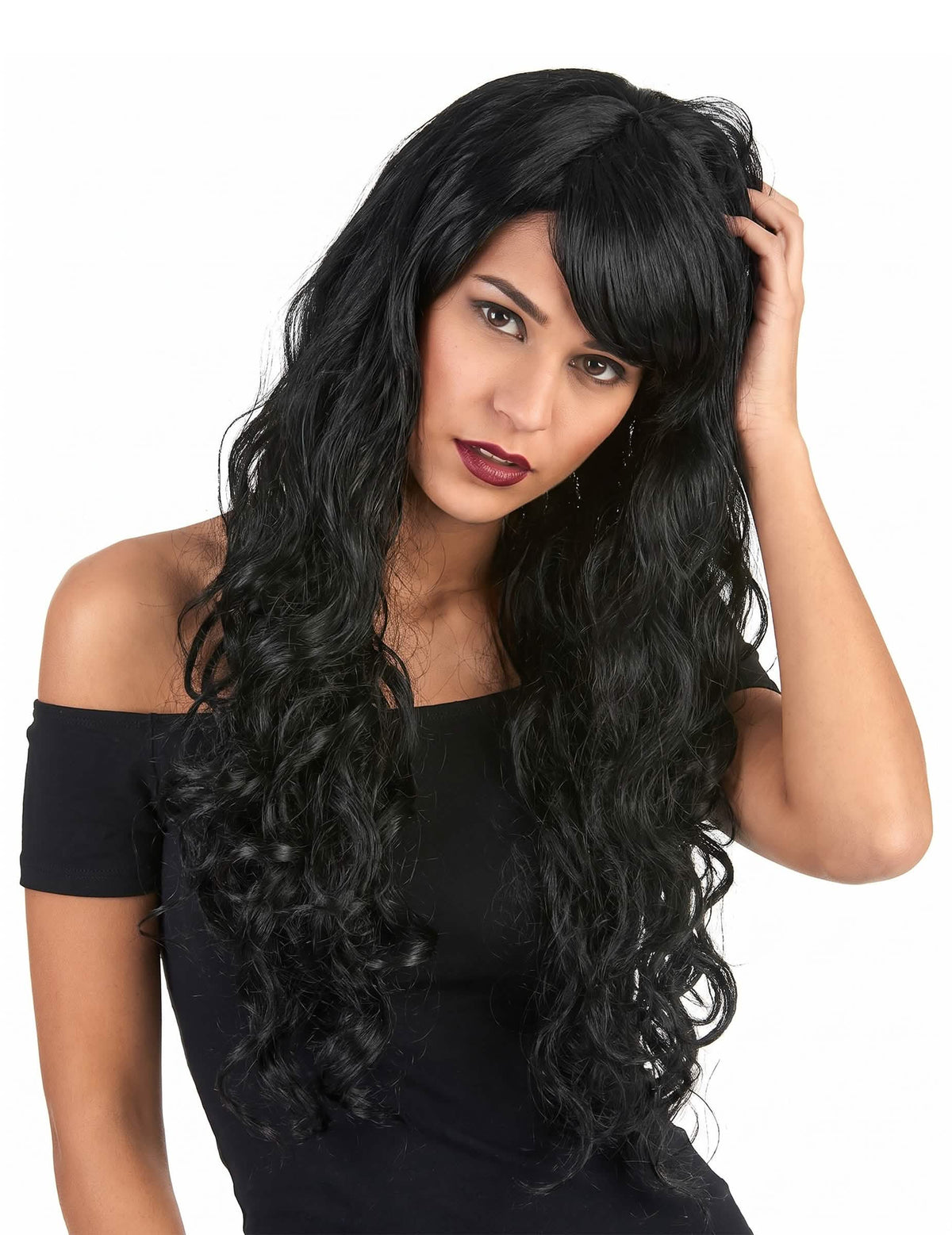 Peruca glamorosa comprida preta com caracóis mulher