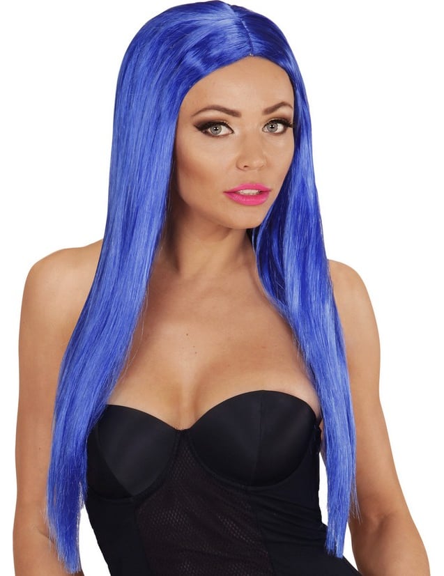Peruca longa glamorosa para mulher azul