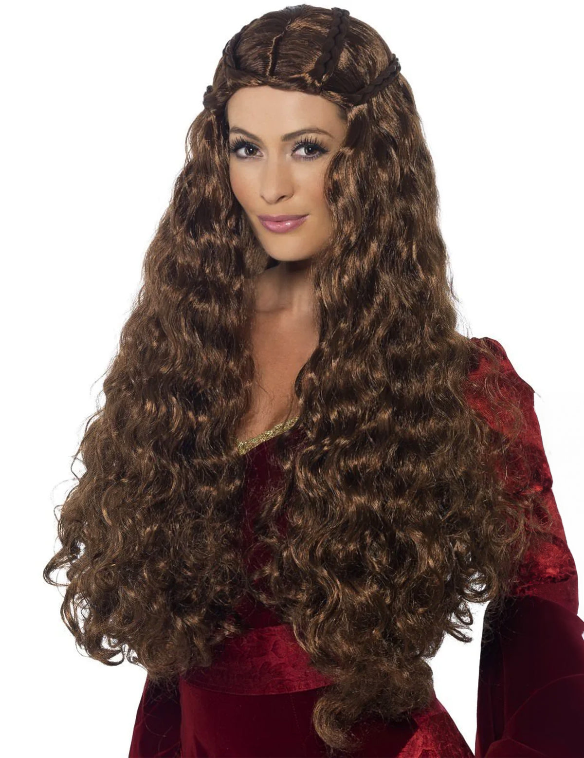 Perruque longue princesse médiévale pour femme marron bouclée avec tresses