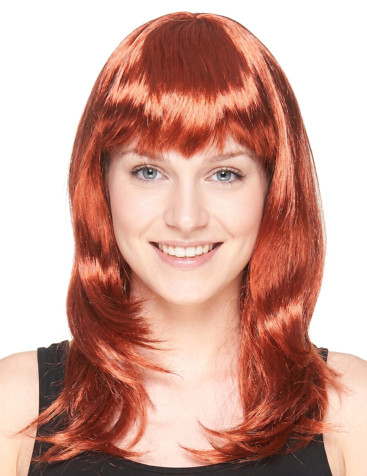 Peruca comprida ruiva com franja mulher