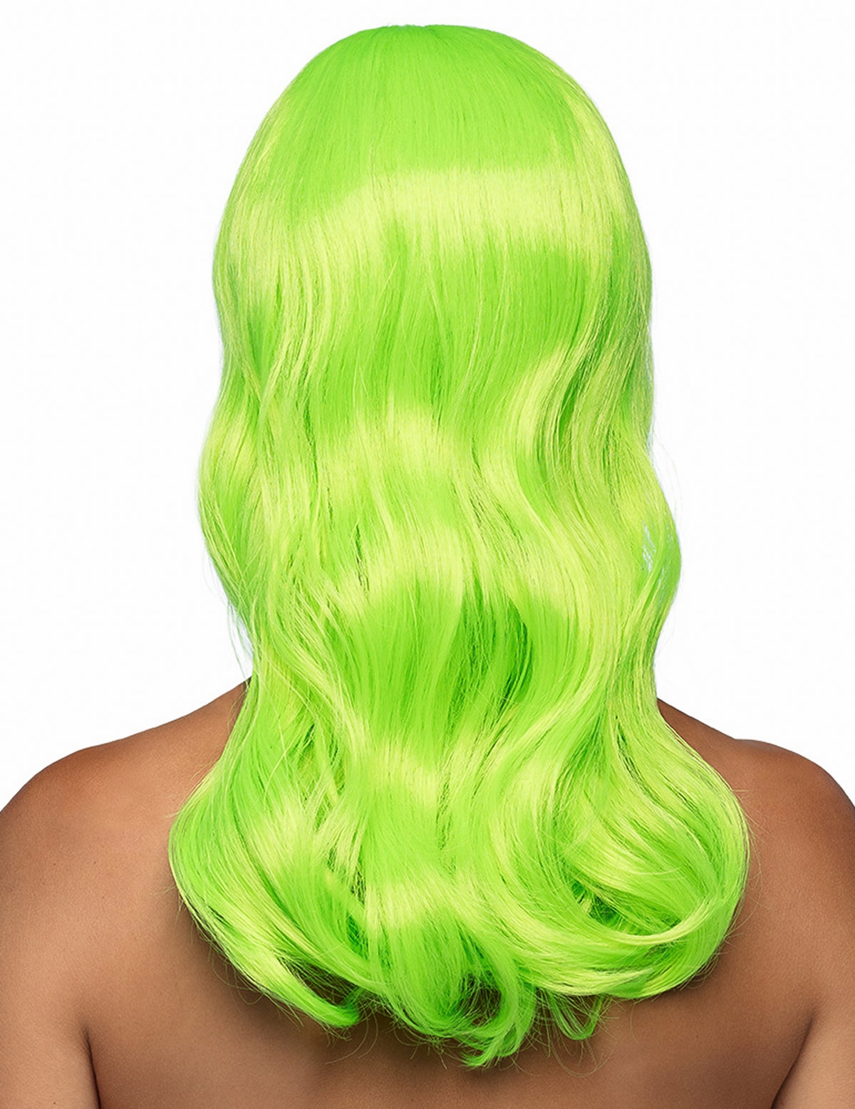 Vue de dos de la perruque longue verte fluo pour femme