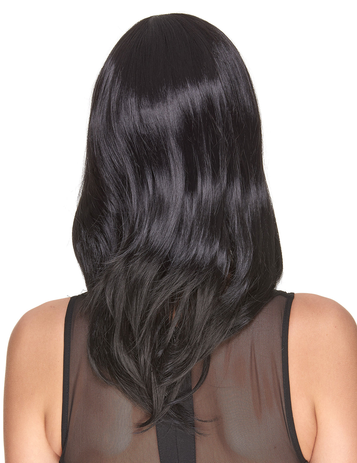 Vue de dos de la perruque luxe noire mi-longue pour femme