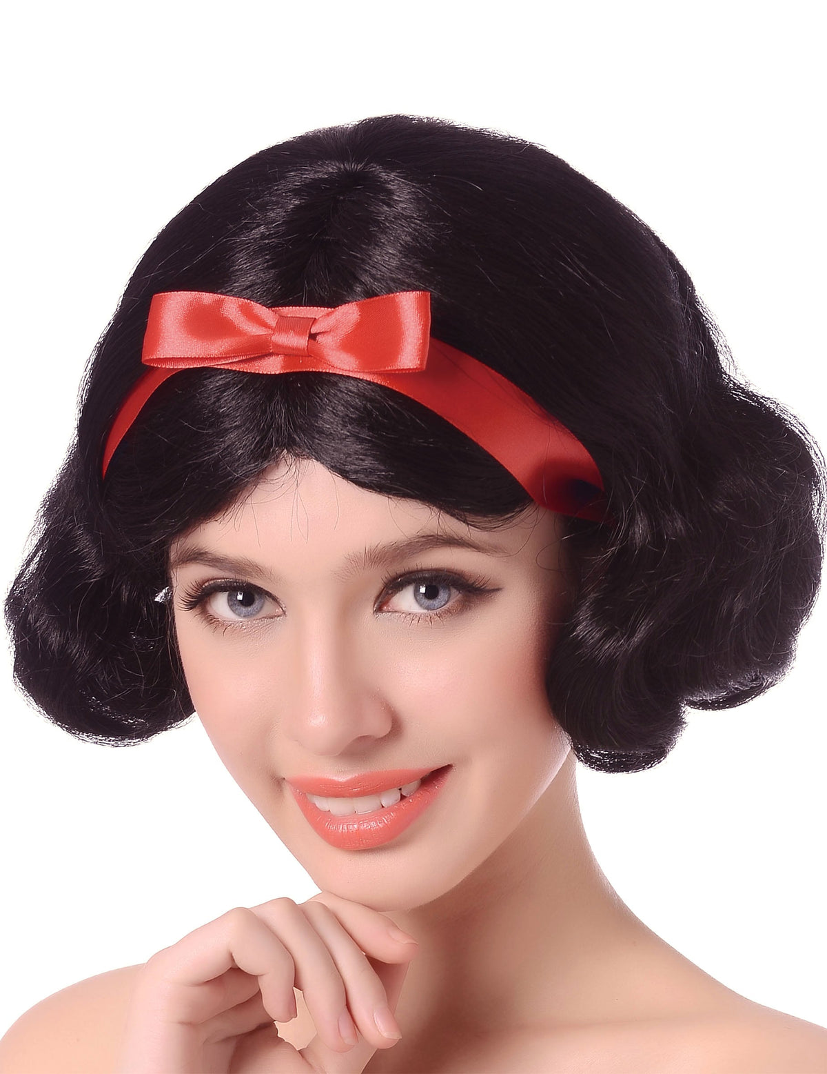 Perruque conte de fée pour adulte noire avec nœud rouge