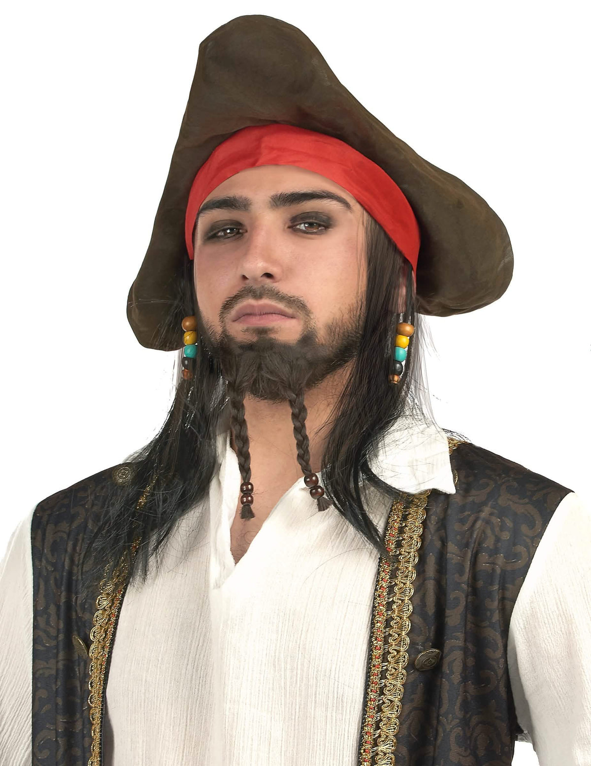 Peruca chapéu de pirata para homem castanho com bandana vermelho e cabelo preto