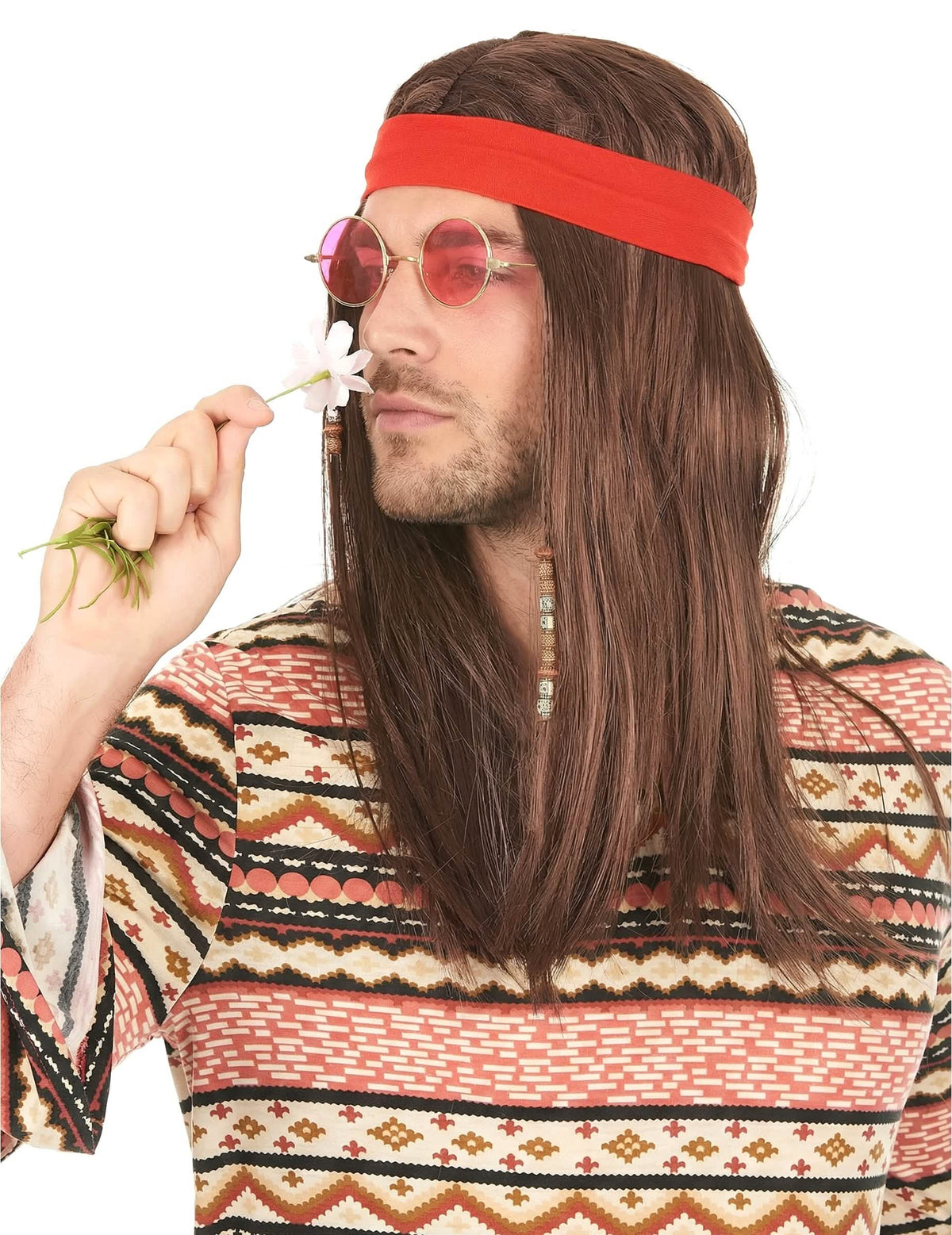Vista de perfil da peruca pirata ou hippie com bandana para adulto