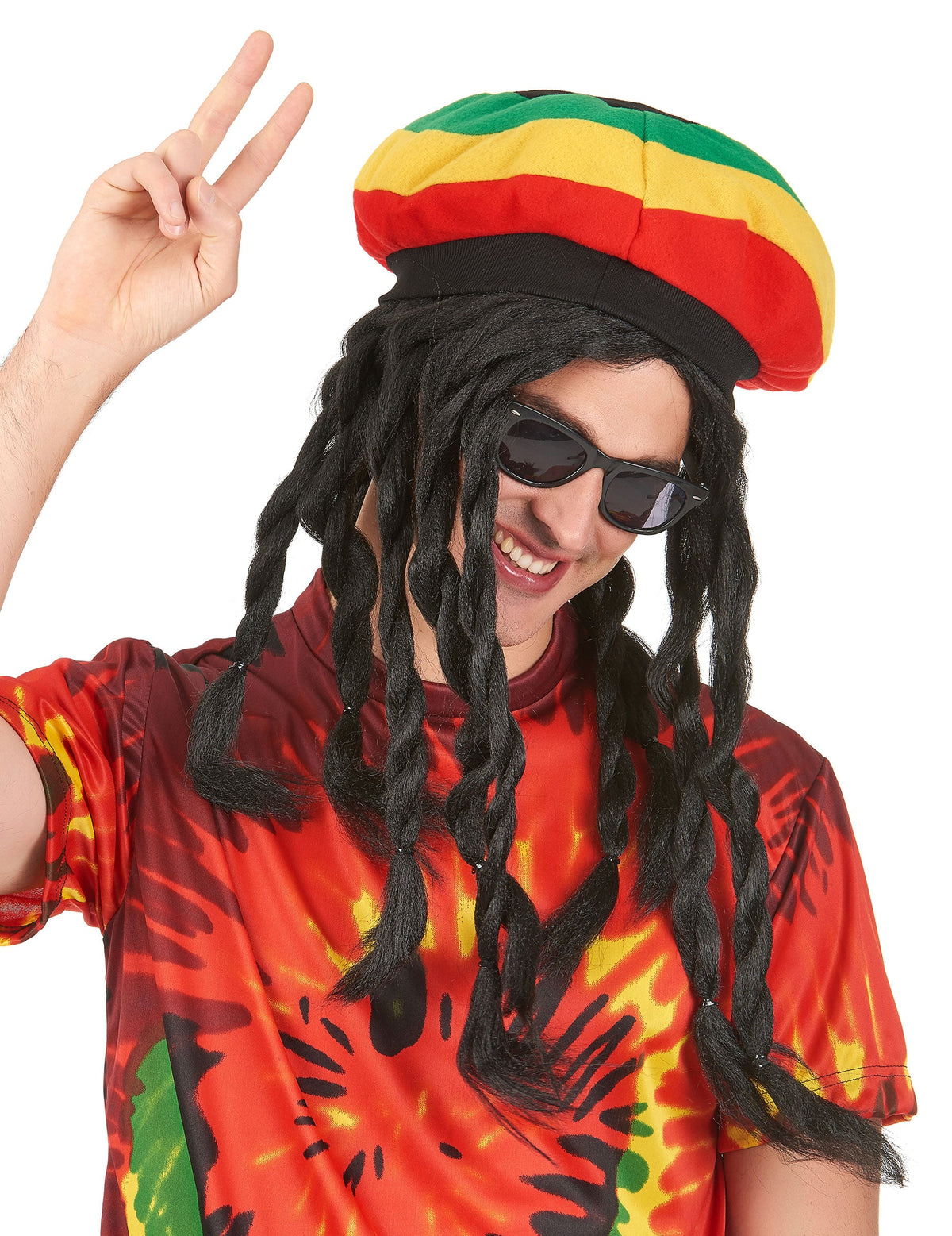 Bonnet avec perruque rasta pour adulte rouge jaune vert avec dreadlocks noires