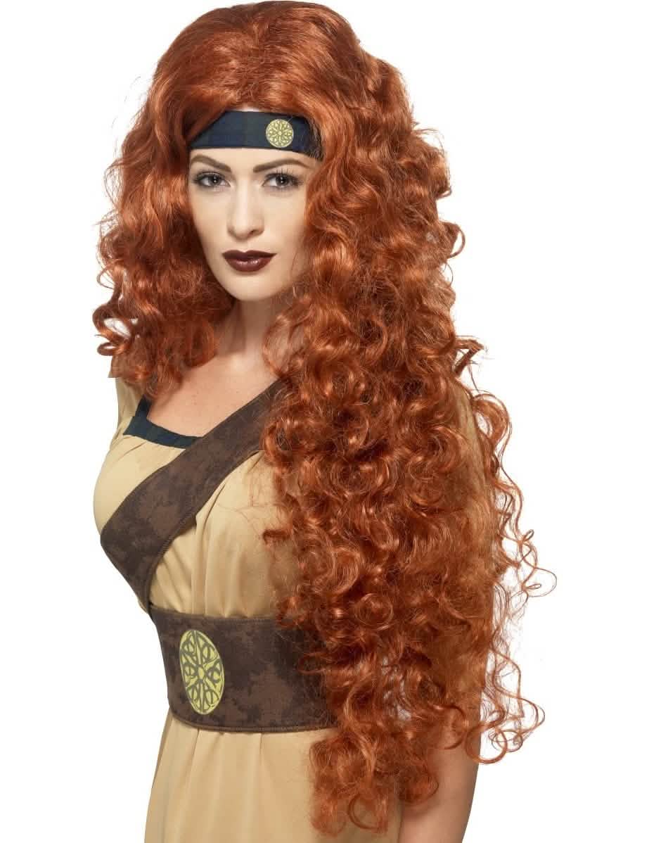 Peruca de rainhas guerreira para mulher, comprida e encaracolada, castanha-avermelhada