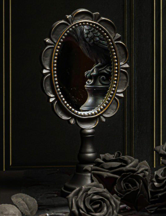 Pequeno espelho de mesa em resina preto 12,3 x 7,3 x 25,5 cm