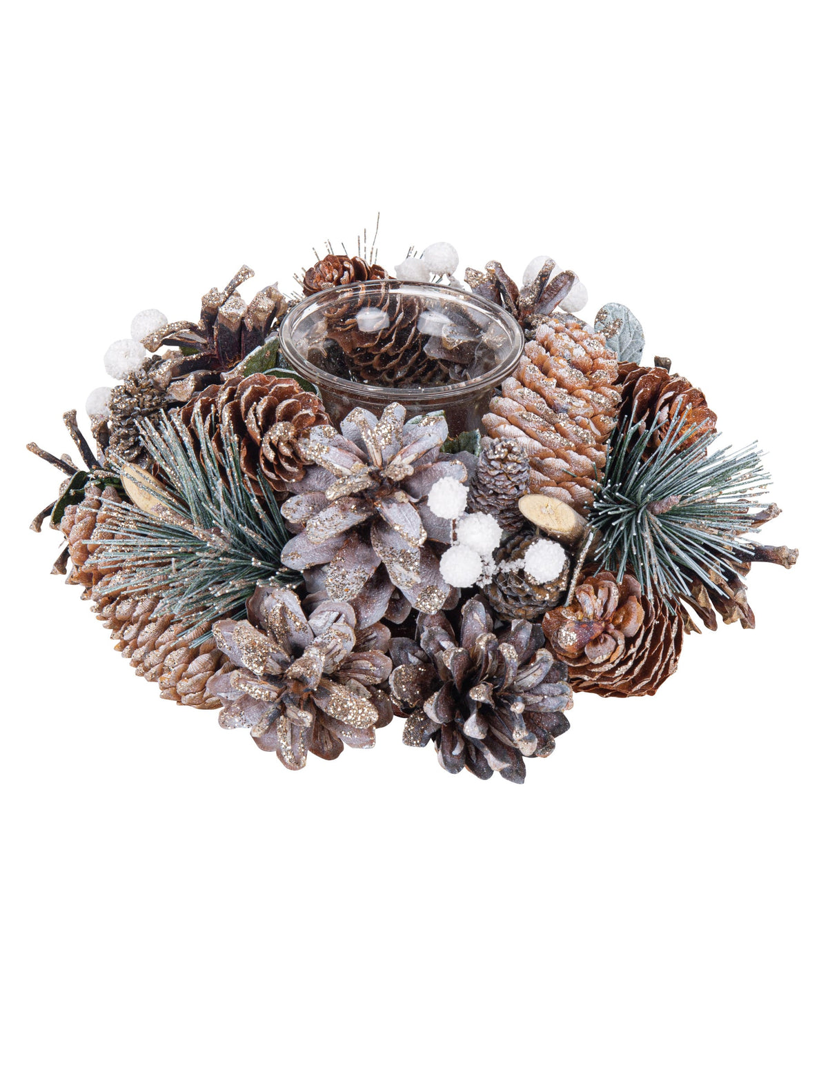 Photophore floresta encantada para decoração em vidro e madeira com pinhas cobertas de neve
