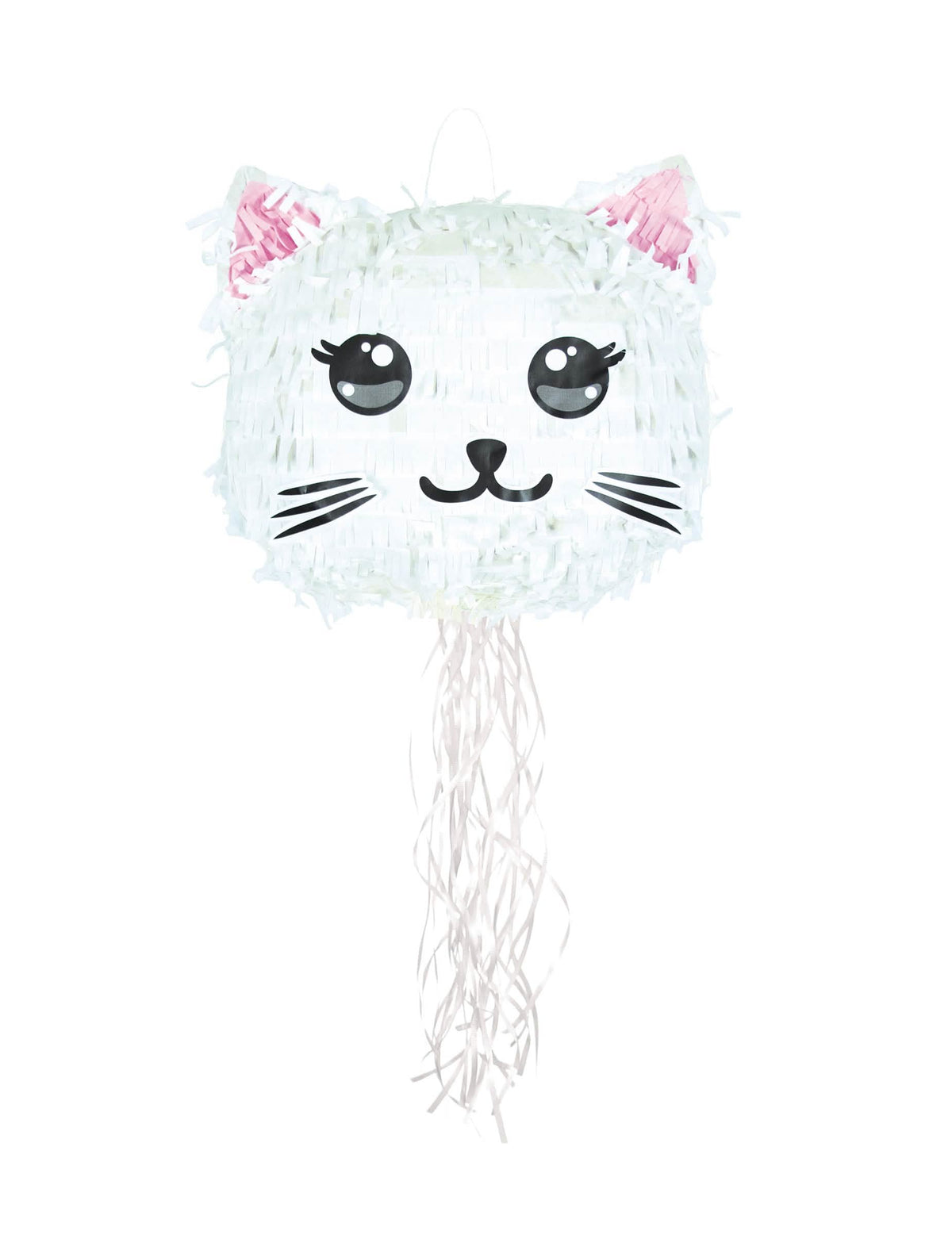 Piñata gato Kawai para criança branco com orelhas rosas e rubans