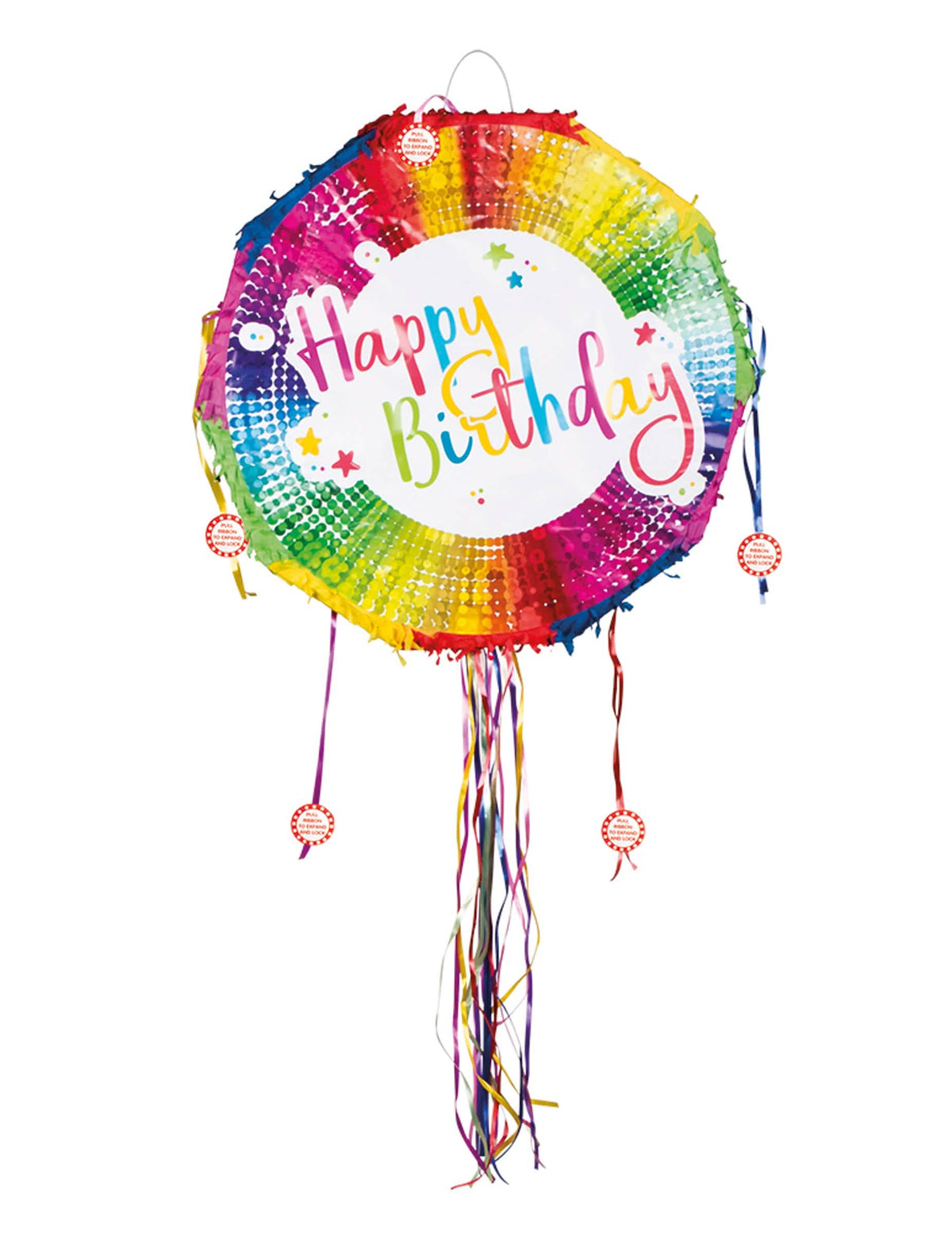 Piñata redonda Happy Birthday para criança multicores com fitas para puxar