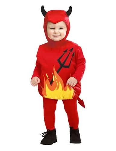 Fato de diabinho para bebé vermelho com chamas e forquilha impressas