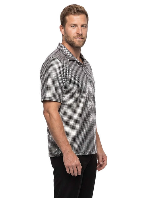 Polo disco com lantejoulas prateadas de luxo para homem