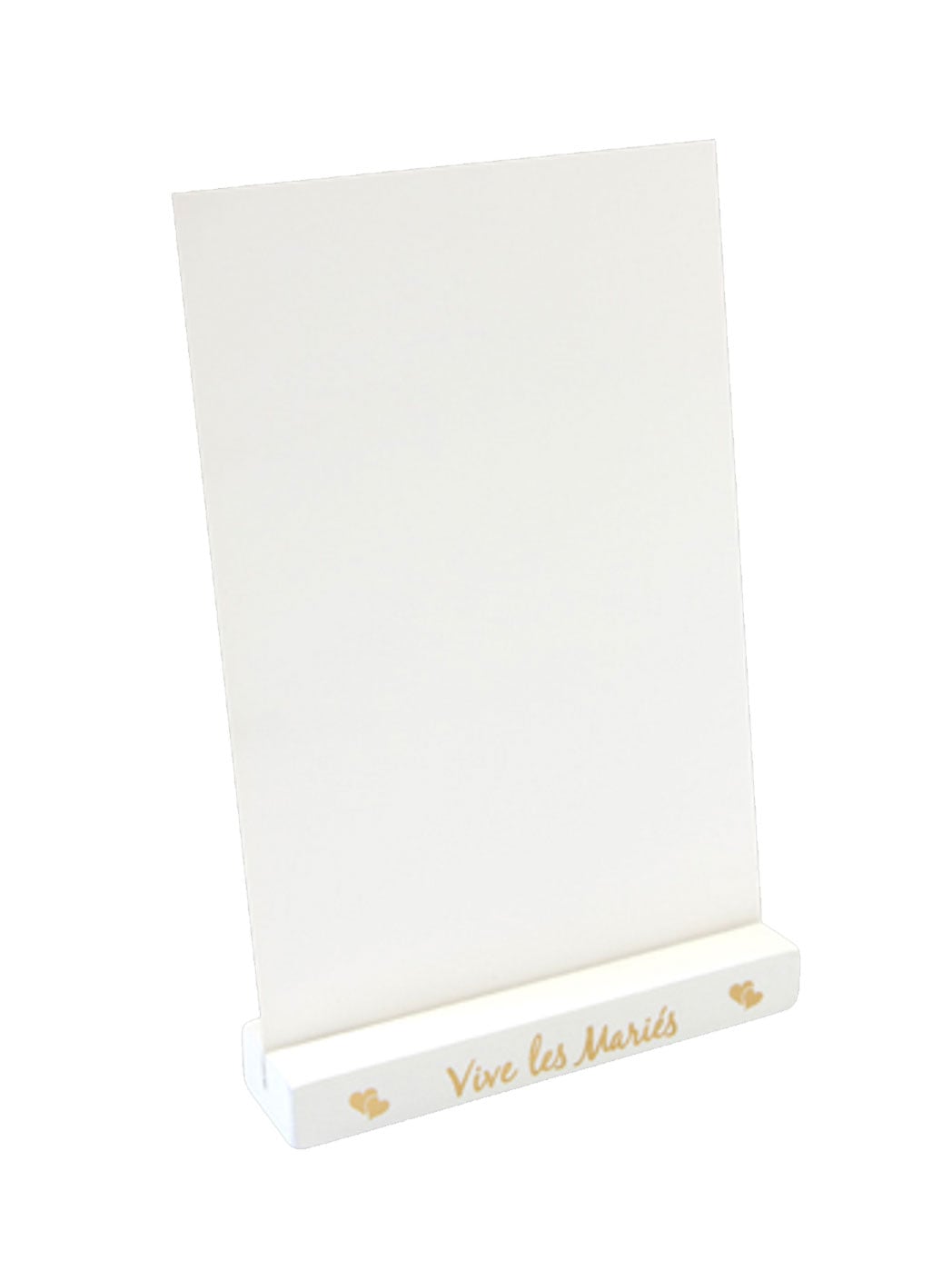 Porta-menu em madeira Viva os Noivos para casamento branco e dourado com corações