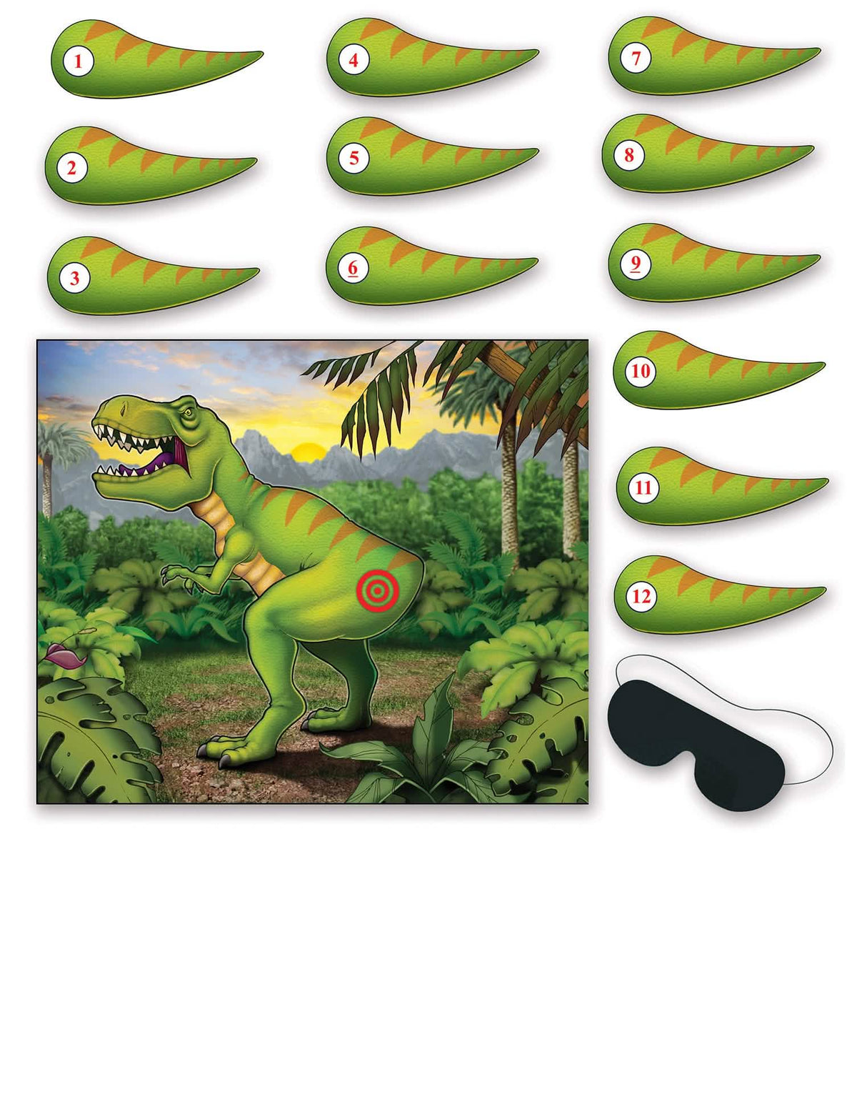 Jogo de festa dinossauro para crianças verde com caudas numeradas e venda preta