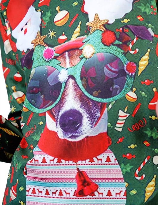 Détail de l'imprimé du Pull de Noël imprimé chien pour adulte