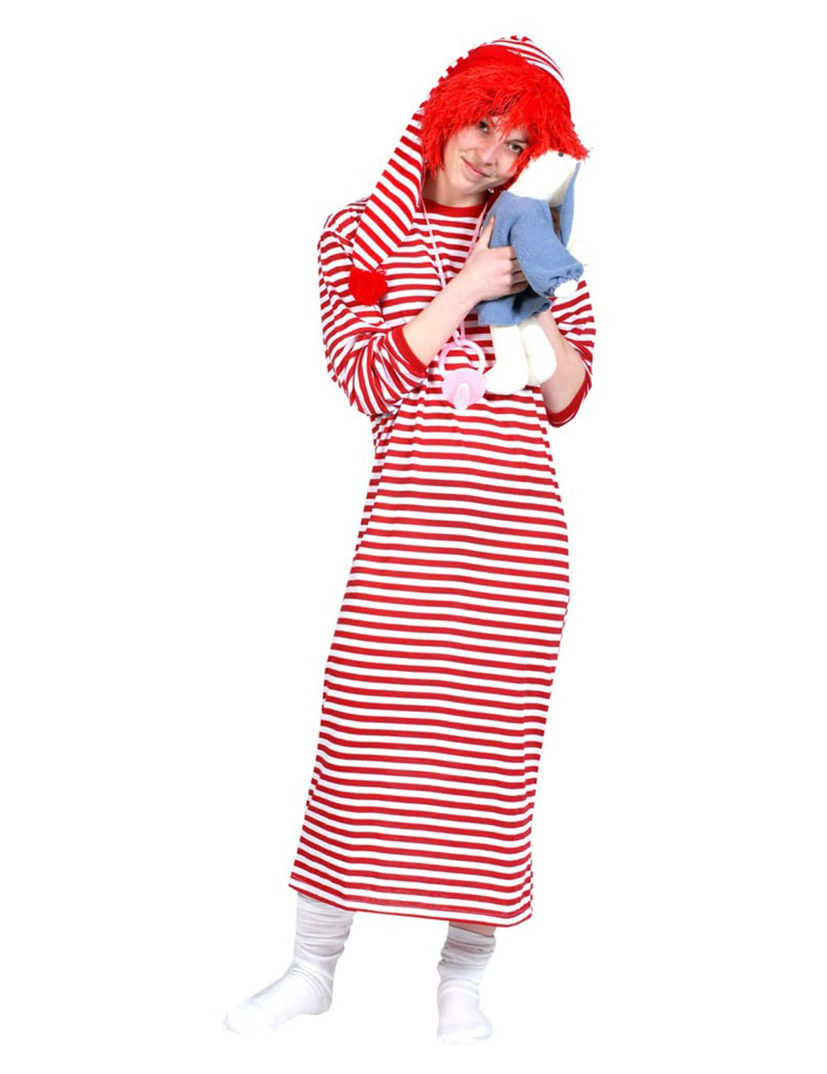 Vista com gorro de noite e acessórios do vestido comprido às riscas vermelhas e brancas