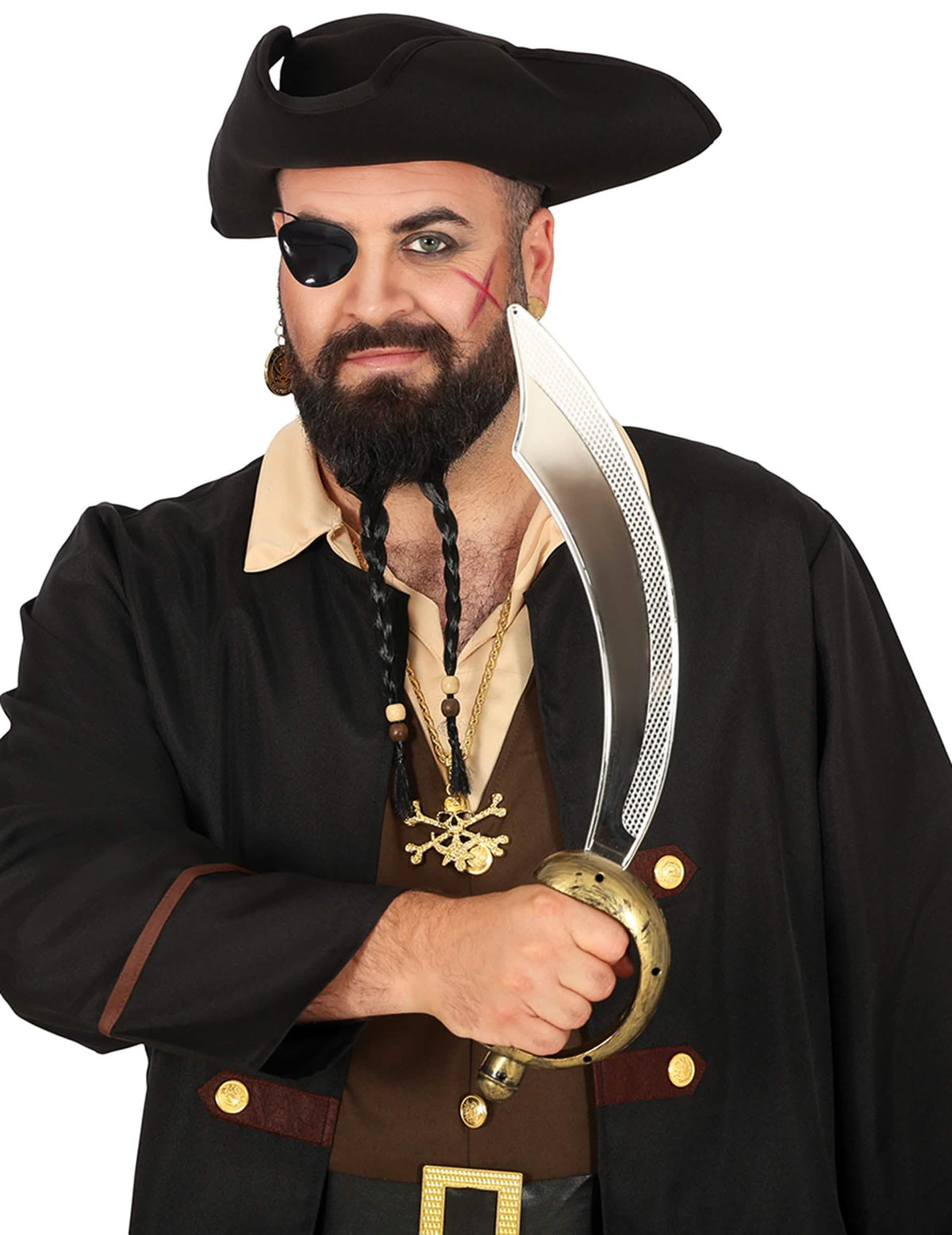 Vue de face du sabre et cache œil de pirate