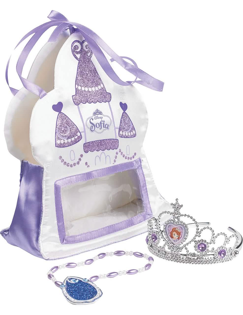 Saco de acessórios Princesa Sofia para menina branco e roxo com tiara e colar