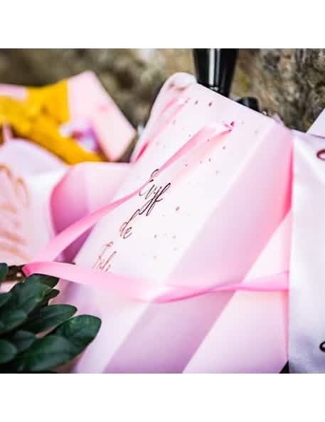 Detalhe da alça em fita cor de rosa da mala EVJF de loucura