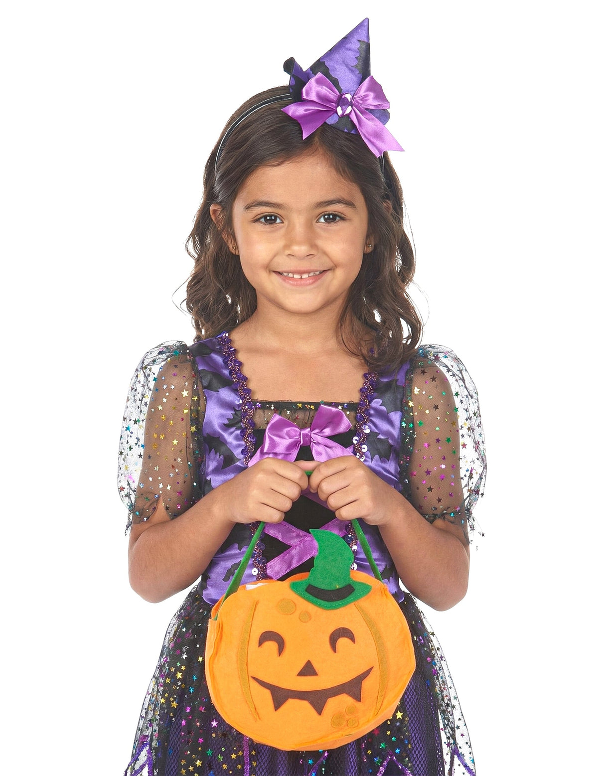 Sac Halloween citrouille pour enfant orange avec visage et chapeau vert