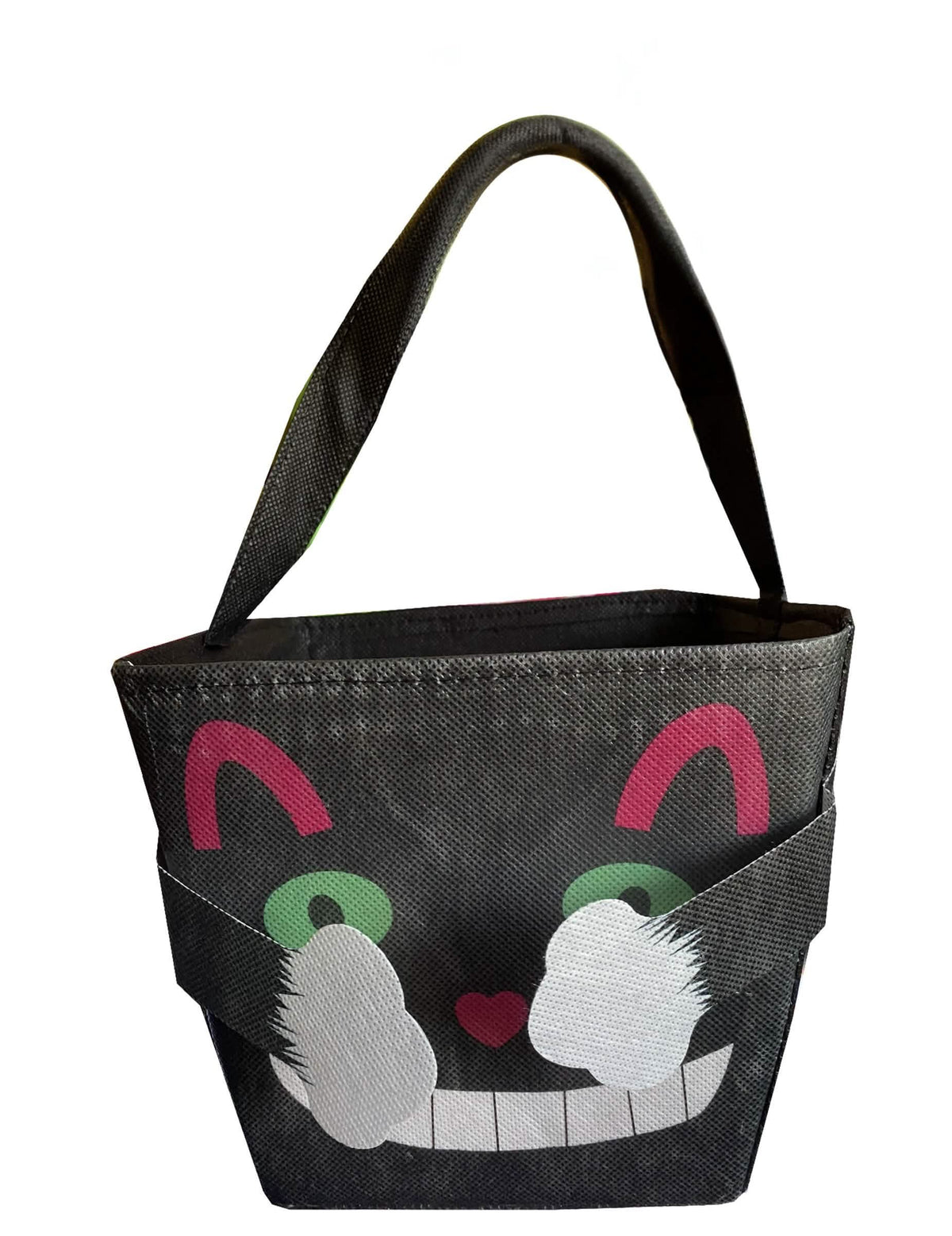 Vista frontal da pequena bolsa gato engraçado com braços e pernas