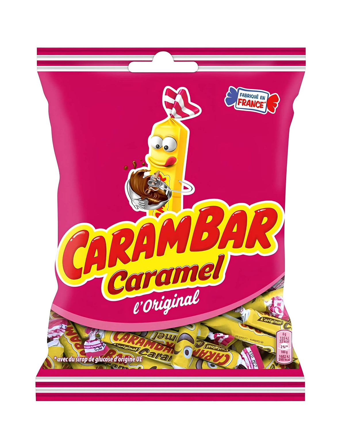 Saqueta de rebuçados Carambar caramelo para criança e adulto cor de rosa e amarelo