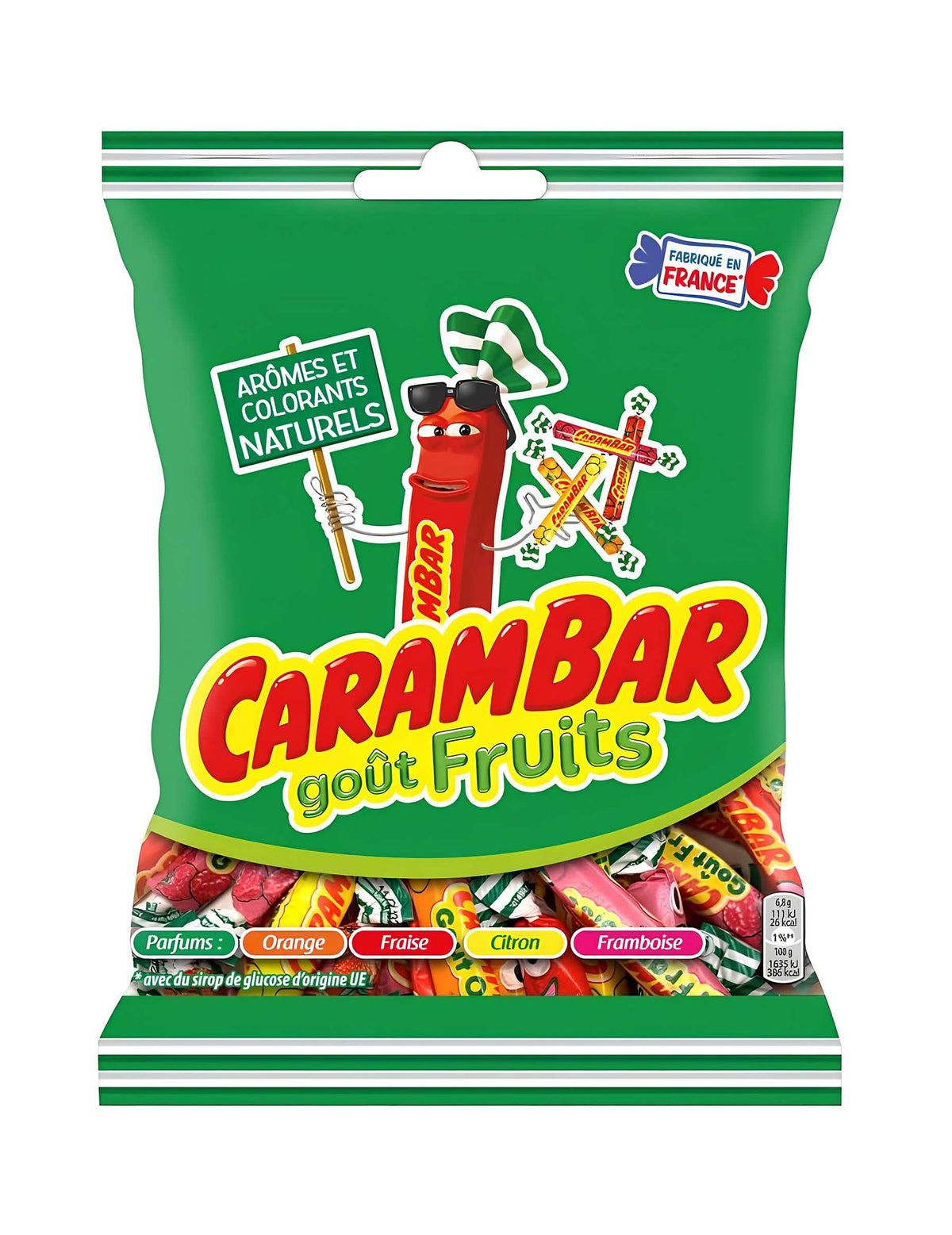 Saco de rebuçados Carambar frutas para criança e adulto com sabores de cor de laranja, morango, limão e framboesa
