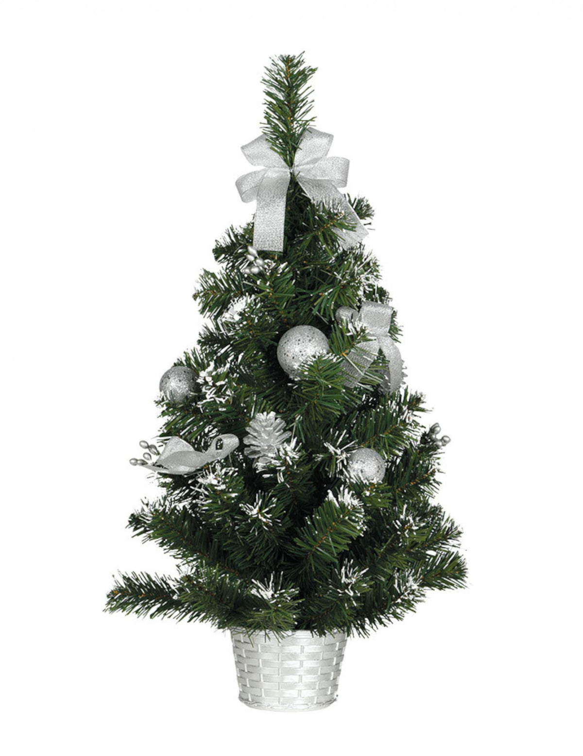 Sapin sur pied avec décorations argentées aspect enneigé