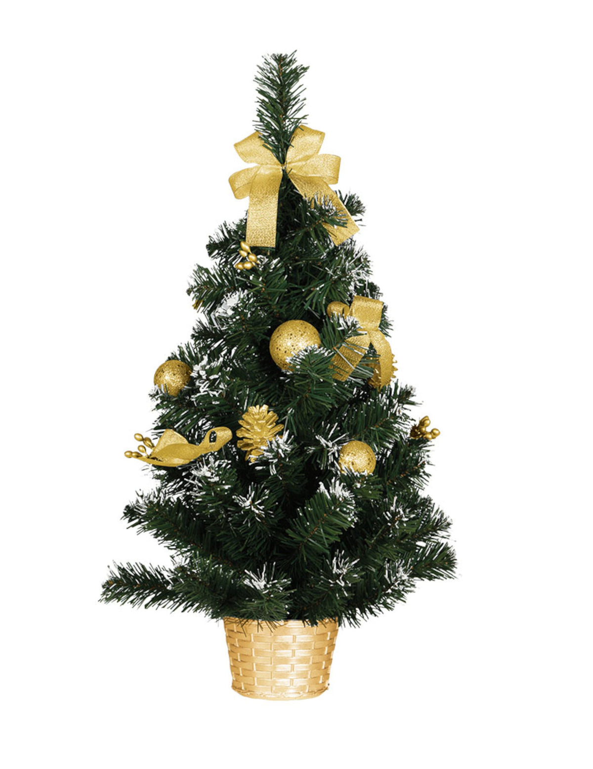 Sapin artificiel sur pied avec décorations dorées pour fête vert enneigé