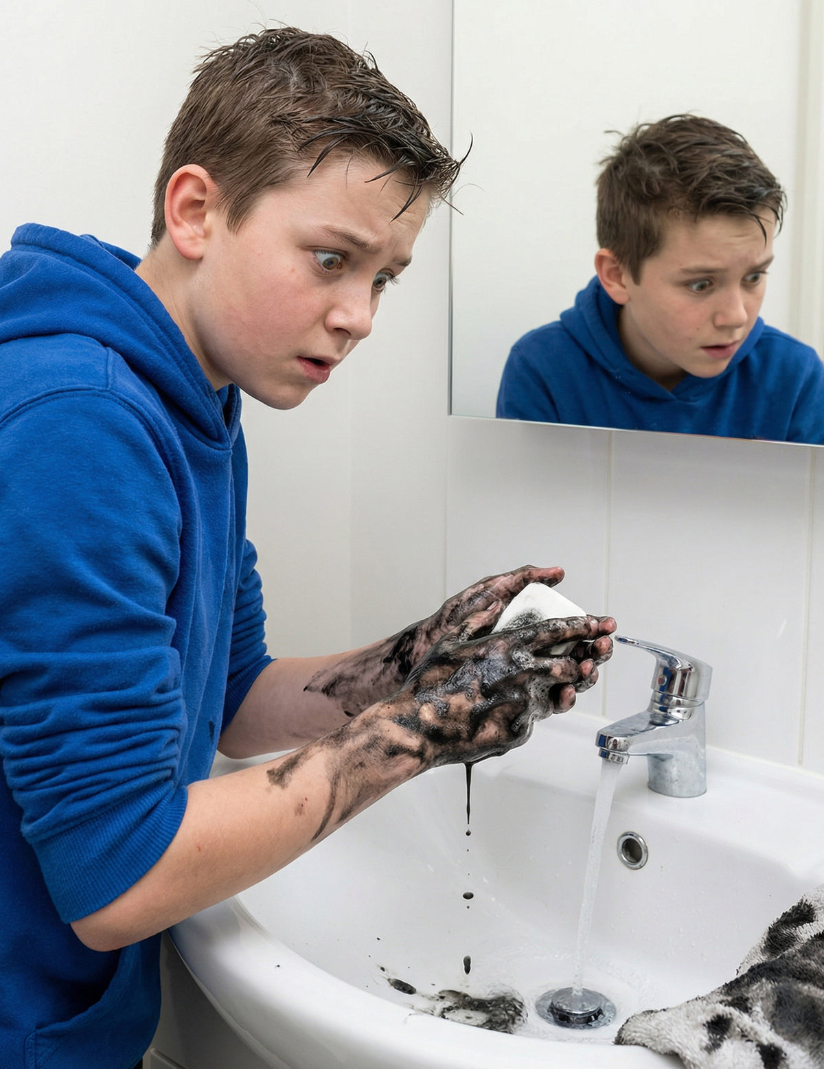 Détail de l'effet sur les mains du savon noircissant farces et attrapes