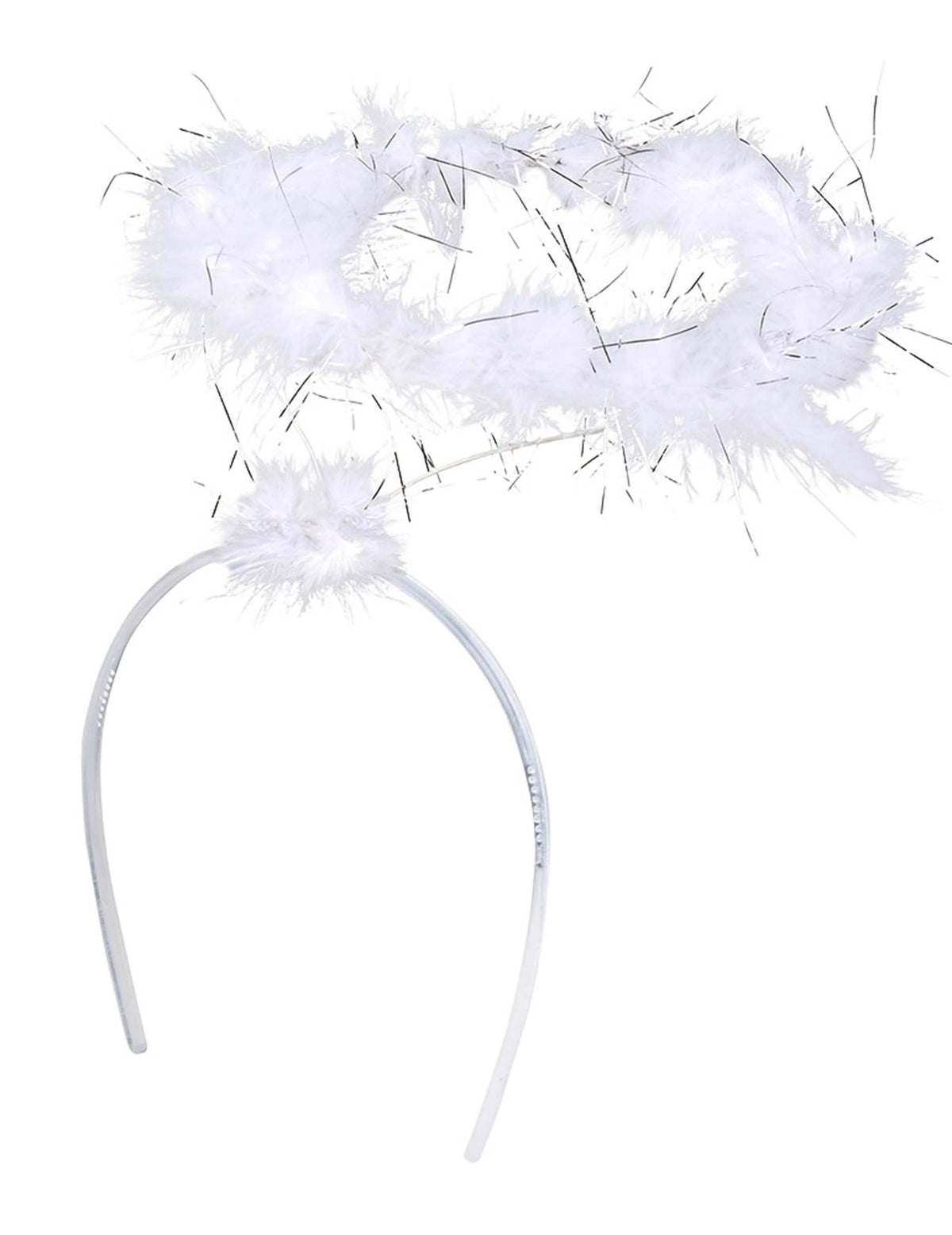Détail des plumes et des fils argentés du serre-tête auréole d'ange