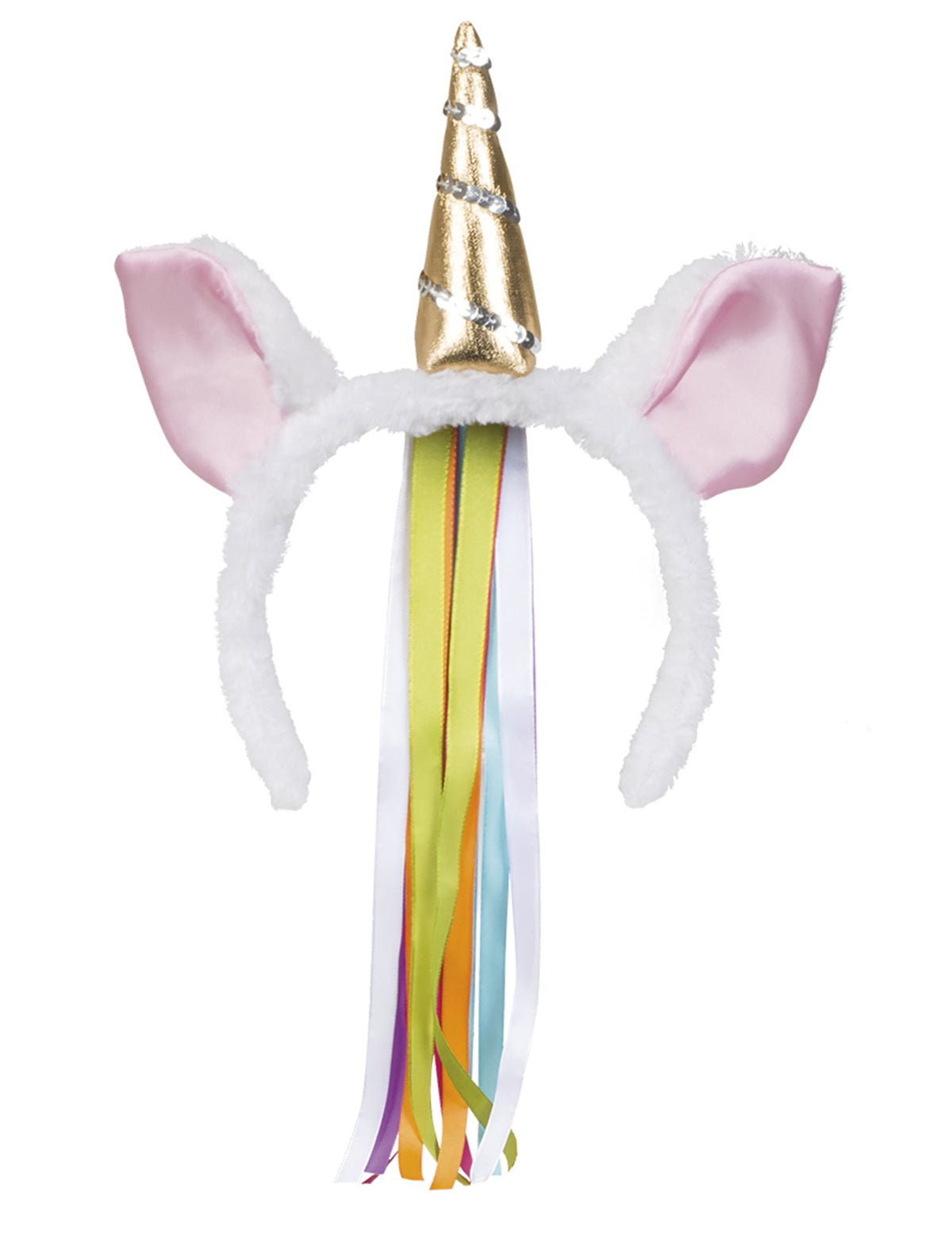 Détail de la corne dorée et des rubans flashy du serre-tête licorne