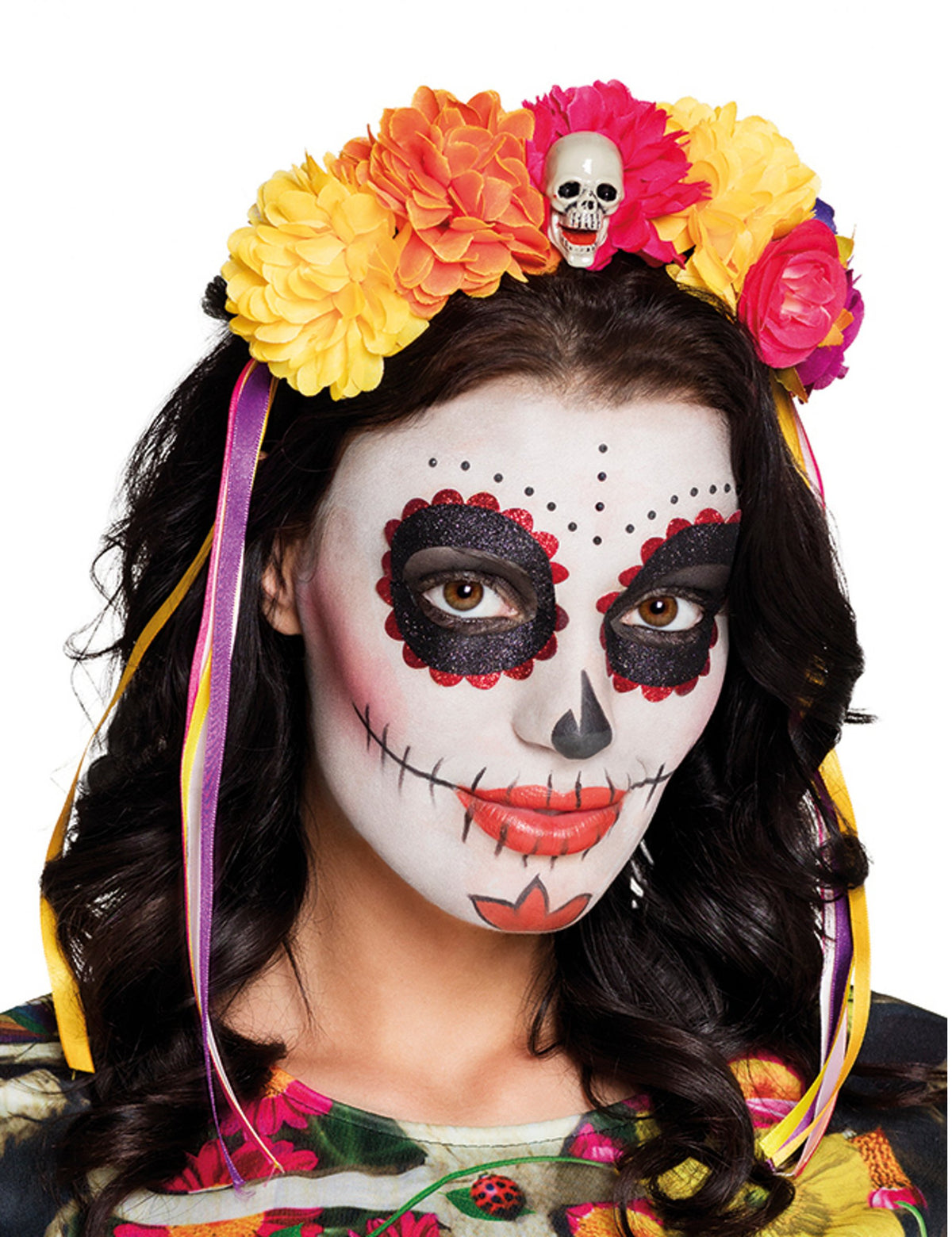 Serre-tête grosses fleurs Dia de los muertos pour adulte multicolore avec crâne