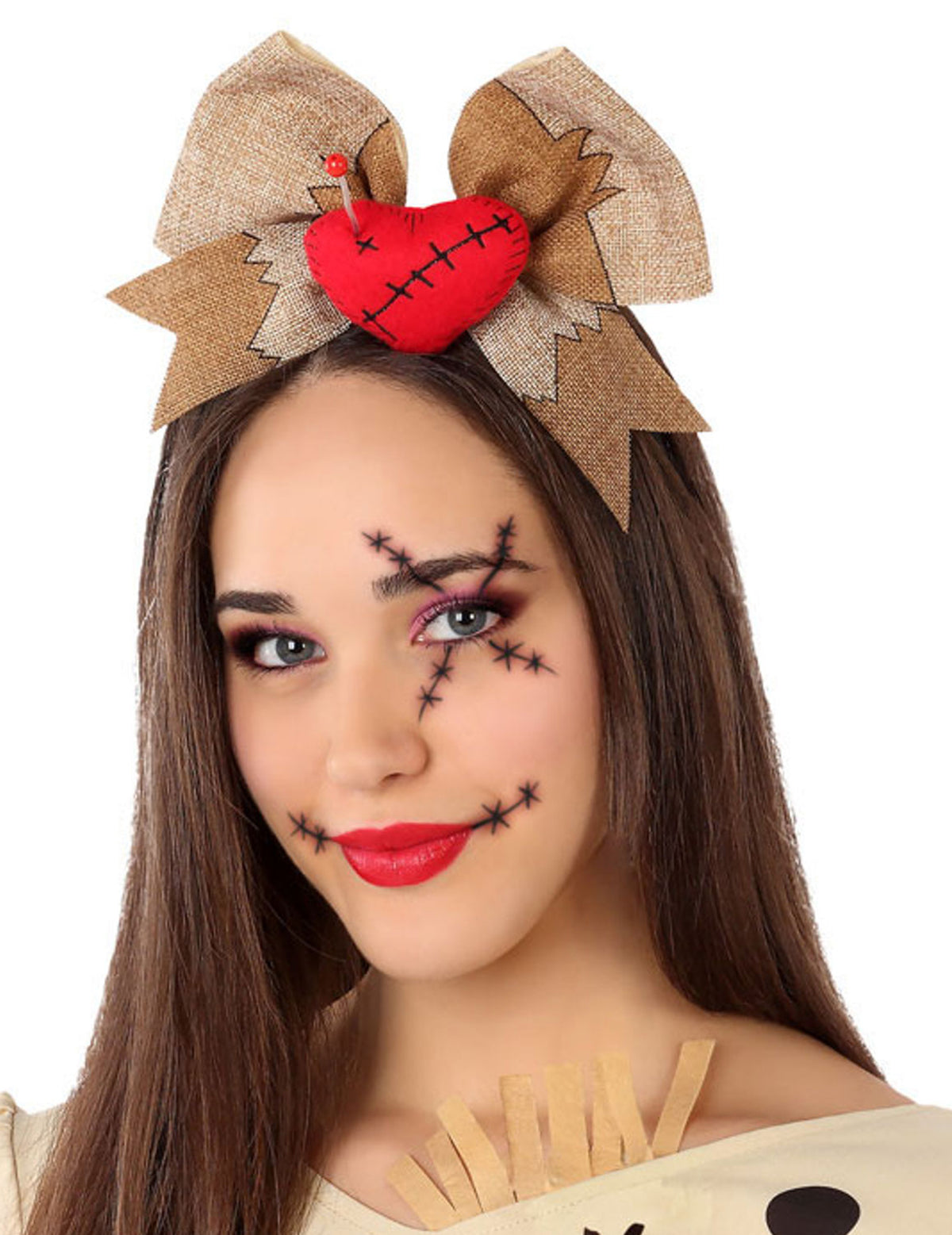 Serre-tête poupée vaudou pour adulte beige avec nœud en toile de jute et cœur rouge