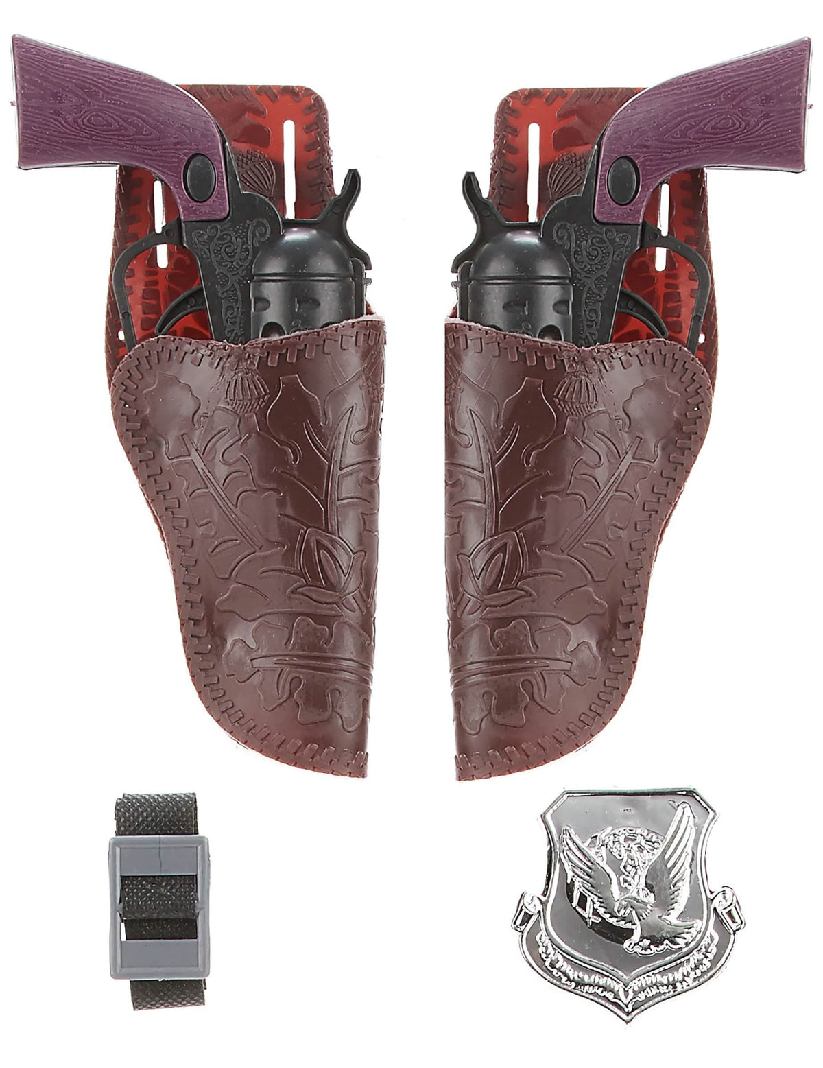 Conjunto de 2 pistolas de cowboy para criança com coldres castanhos e distintivo de xerife
