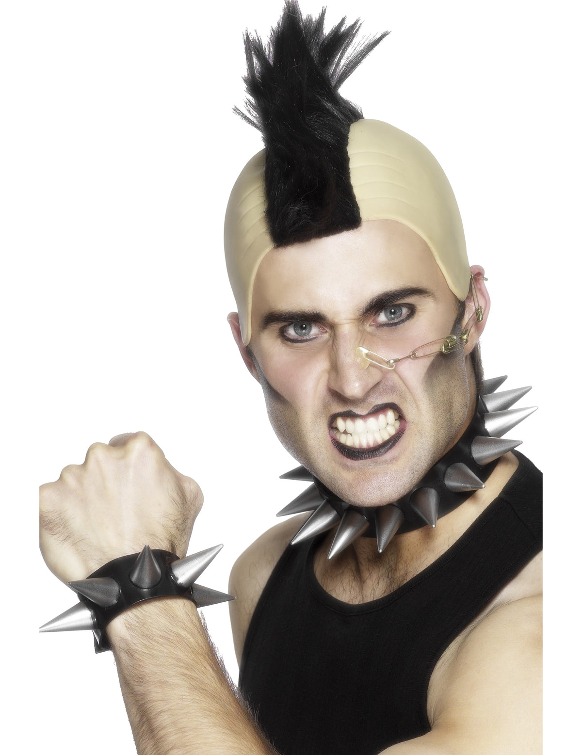 Set punk pour adulte avec crête noire et accessoires à pointes argentées