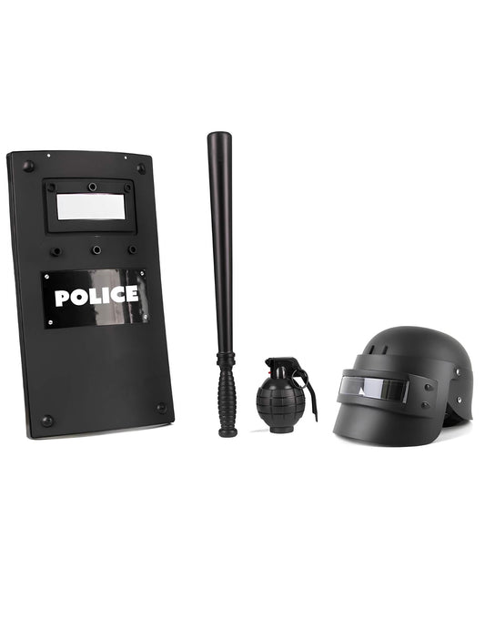 Détail du bouclier, de la matraque, de la grenade et du casque du set policier 4 pièces