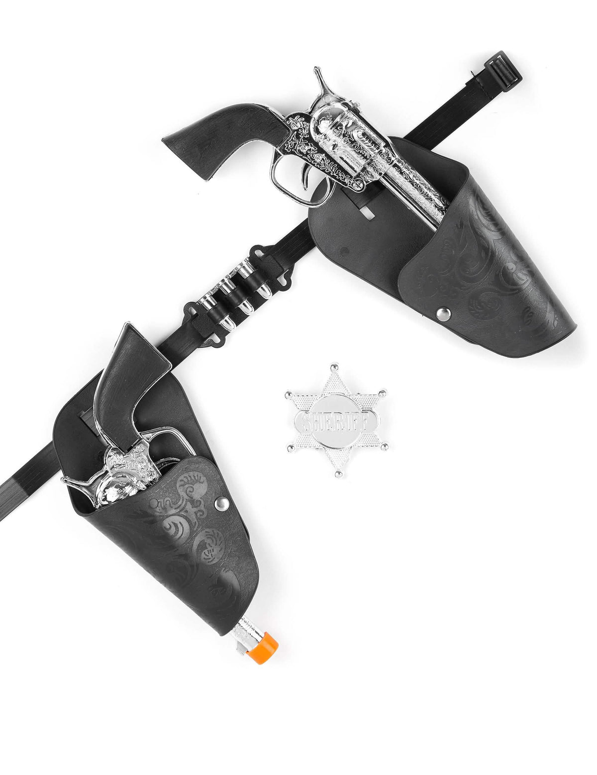 Set de revolvers cowboy pour enfant noir et argent avec ceinture et étoile de shérif