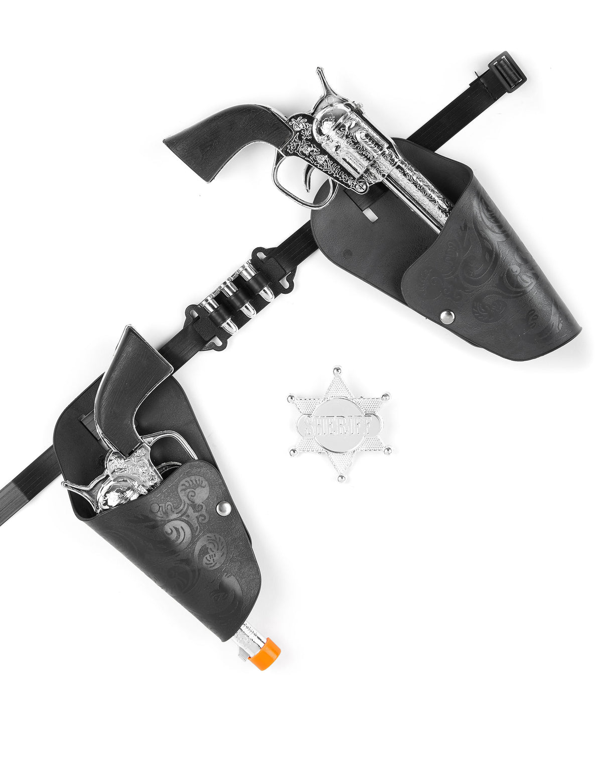 Set de revolvers cowboy pour enfant noir et argent avec ceinture et étoile de shérif