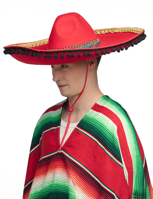 Vue de profil du sombrero mexicain pour adulte rouge à pompons deluxe