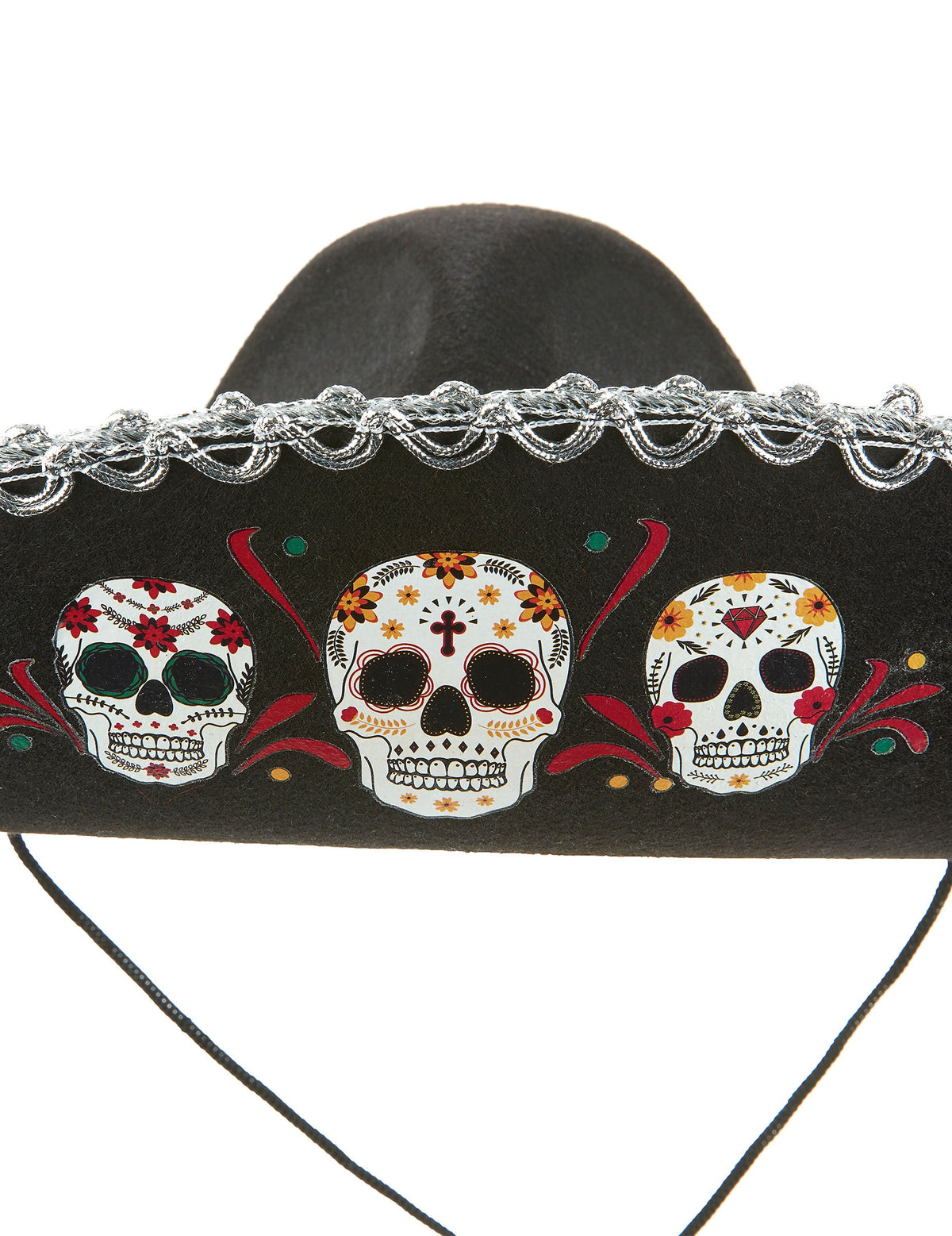 Grande plano dos motivos de caveiras do sombrero Día de los Muertos