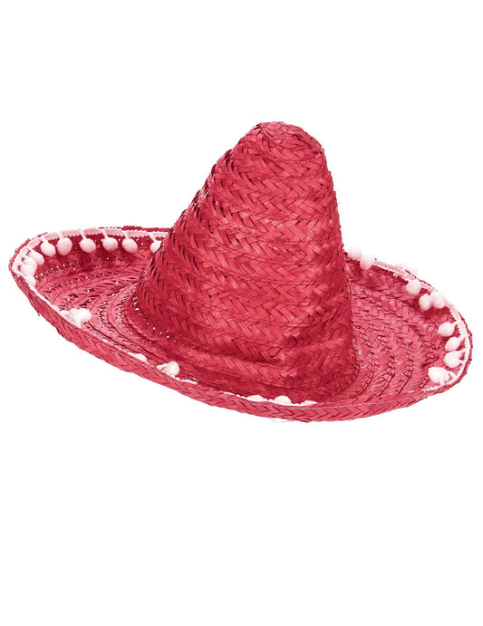 Vista de perfil do sombrero adulto vermelho com borda de pompons brancos