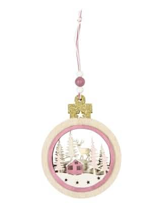 Suspensão bola em madeira aldeia de natal para árvore cor de rosa com veado e brilhantes douradas