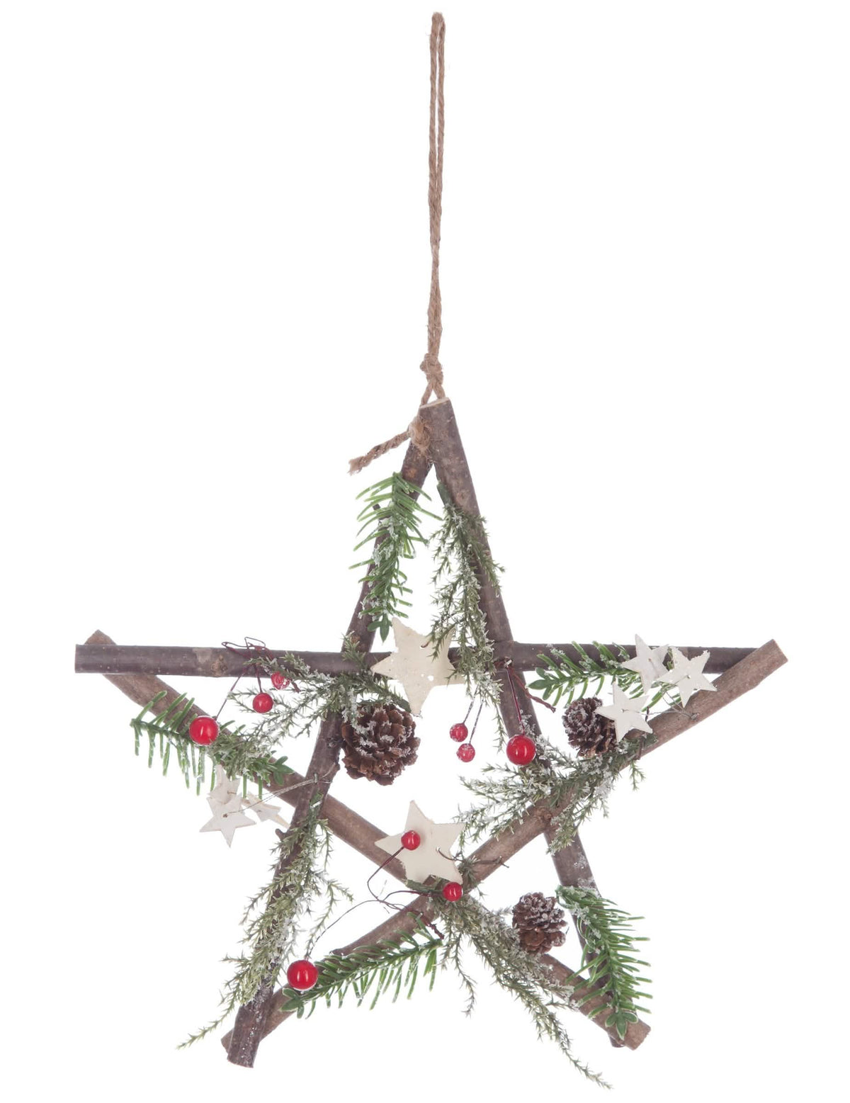 Suspensão em madeira estrela natal para decoração com pinhas e bagas vermelhas