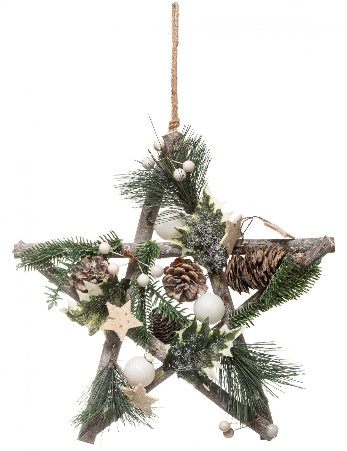 Suspension en bois étoile naturelle décor végétal avec pommes de pin et boules blanches